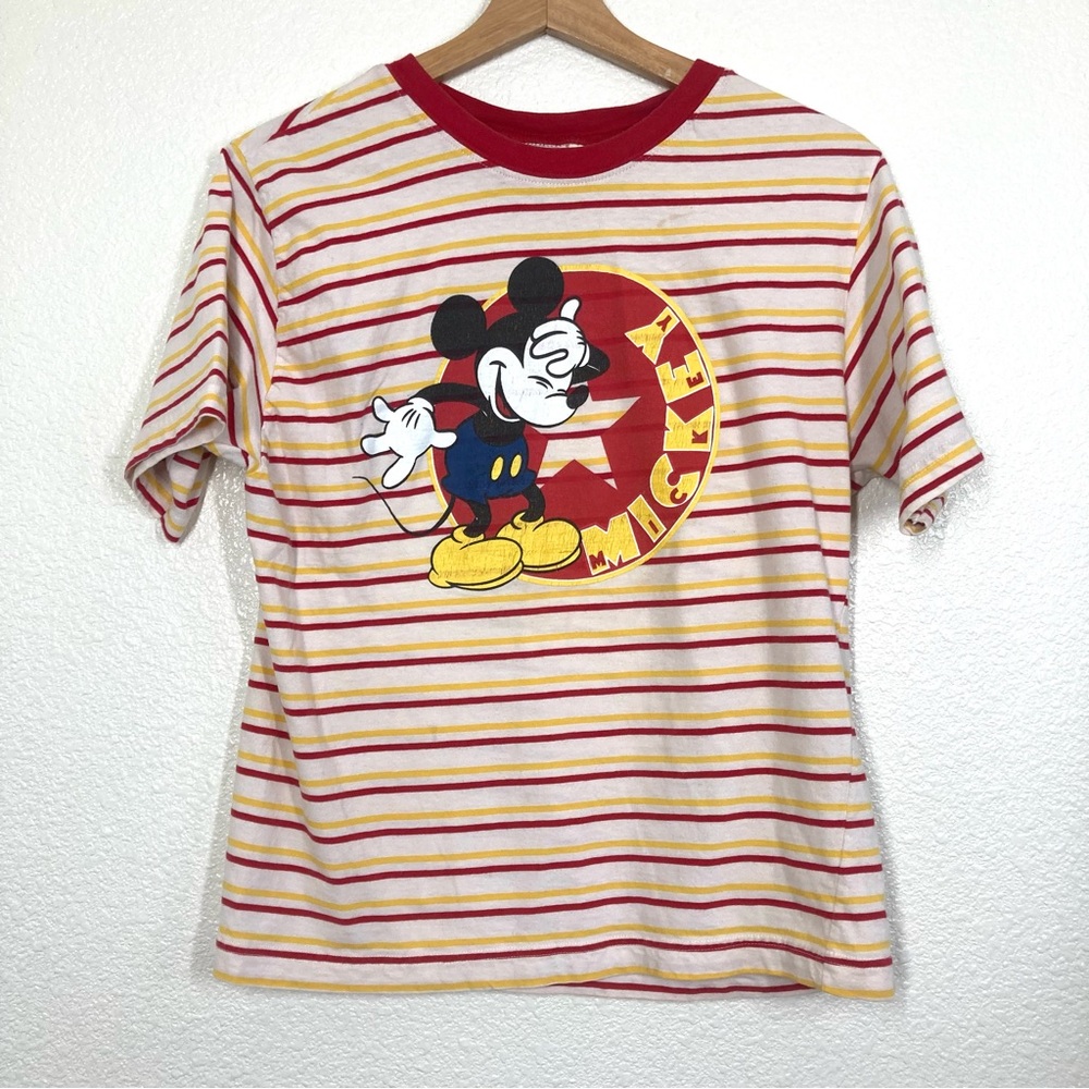 Y2K Mickey Mouse Red and Yellow Striped Tee Shirt  Short Sleeves M